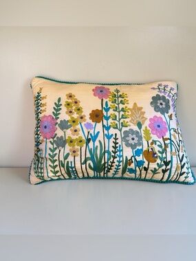 Karma Living 12" x 18" Embroidered Corduroy Floral Throw Pillow Pompom Trim